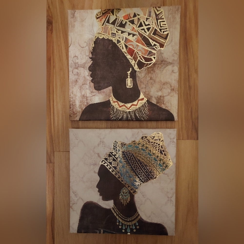 African Woman Canvas Painting Pair Wall Art Print Rustic Home Decor Primitive